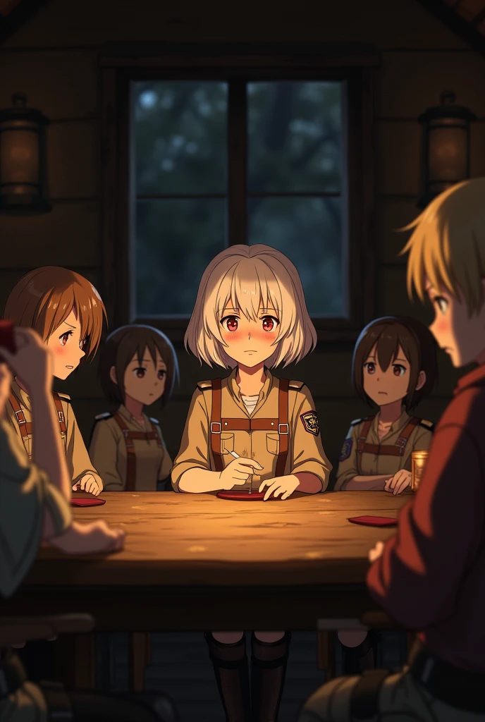 Attack on titan of a caracter in MAPPA Studio screen cap style. she has short wafy white hair and red wide-eyes . Sitting at the tabel in a cabin surrounded by peopel and looks tired. She wear scound legion uniform.
