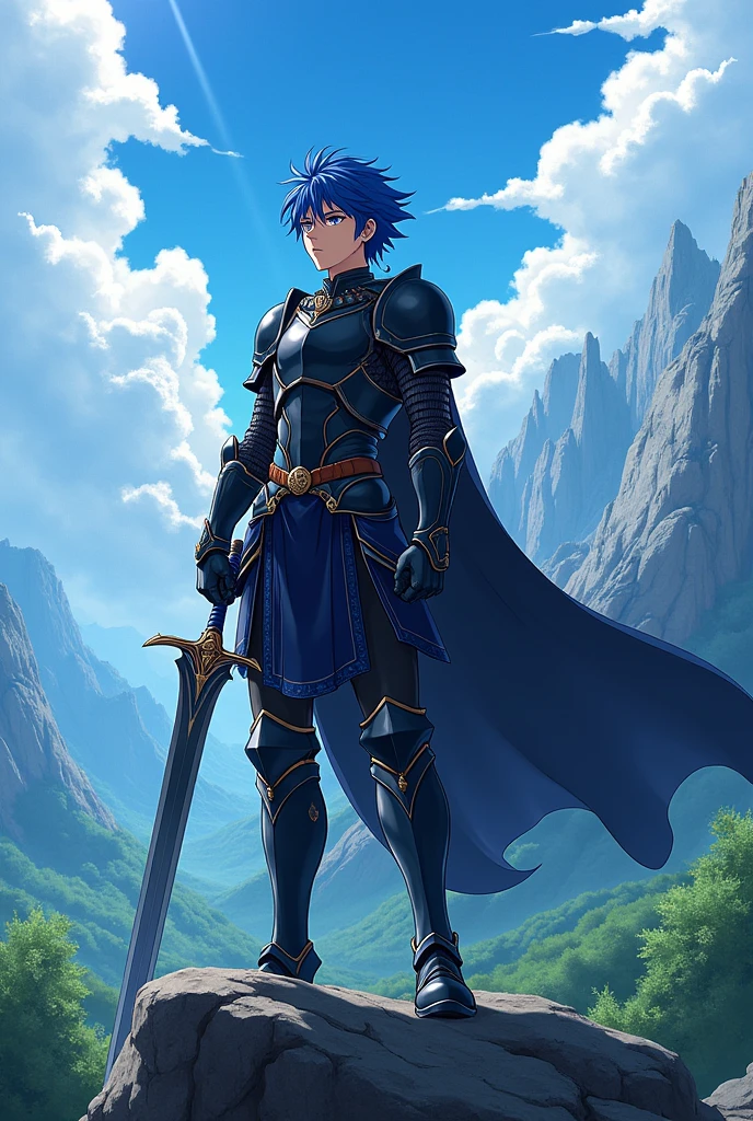 Anime young man, short hair, 1.80 meters tall, 19 years old, with big greatsword, blue hair, blue eyes and dark-black armor.