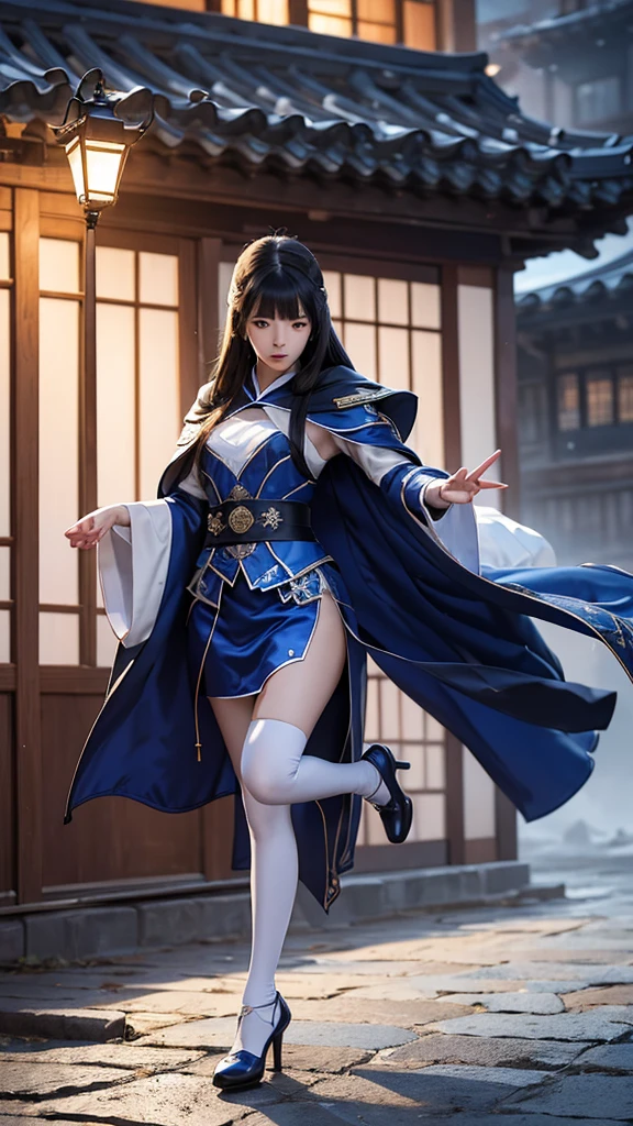 South korea assassin women mystery hooded on with modern royal Blue coat with long and wide sleeves with buttons and royal Blue cape and very high white heel over the knee and white gloves, As she reveals a small secret hidden blade coming from his palm , adding to the character's mysterious and agile appearance, with small movements of air on the cape, jump from roof to roof, in summer at night under the rain,medieval south korea house. sophisticated and highly detailed, ultra hd, realistic, hyper detailed, enhanced colours, ultra sharp focus, with vibrant, rich in details High quality, gorgeous, captivating, 8k, super detailed, stunning shadows, detailed lines, ready to make a murder