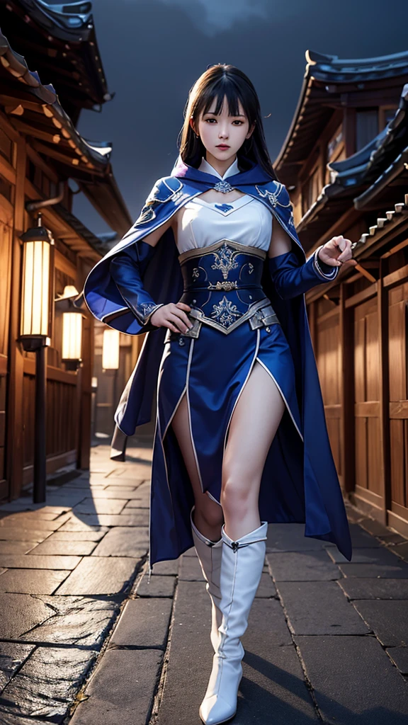 South korea assassin women mystery hooded on with modern royal Blue coat with long and wide sleeves with buttons and royal Blue cape and very high white heel over the knee and white gloves, As she reveals a small secret hidden blade coming from his palm , adding to the character's mysterious and agile appearance, with small movements of air on the cape, jump from roof to roof, in summer at night under the rain,medieval south korea house. sophisticated and highly detailed, ultra hd, realistic, hyper detailed, enhanced colours, ultra sharp focus, with vibrant, rich in details High quality, gorgeous, captivating, 8k, super detailed, stunning shadows, detailed lines, ready to make a murder