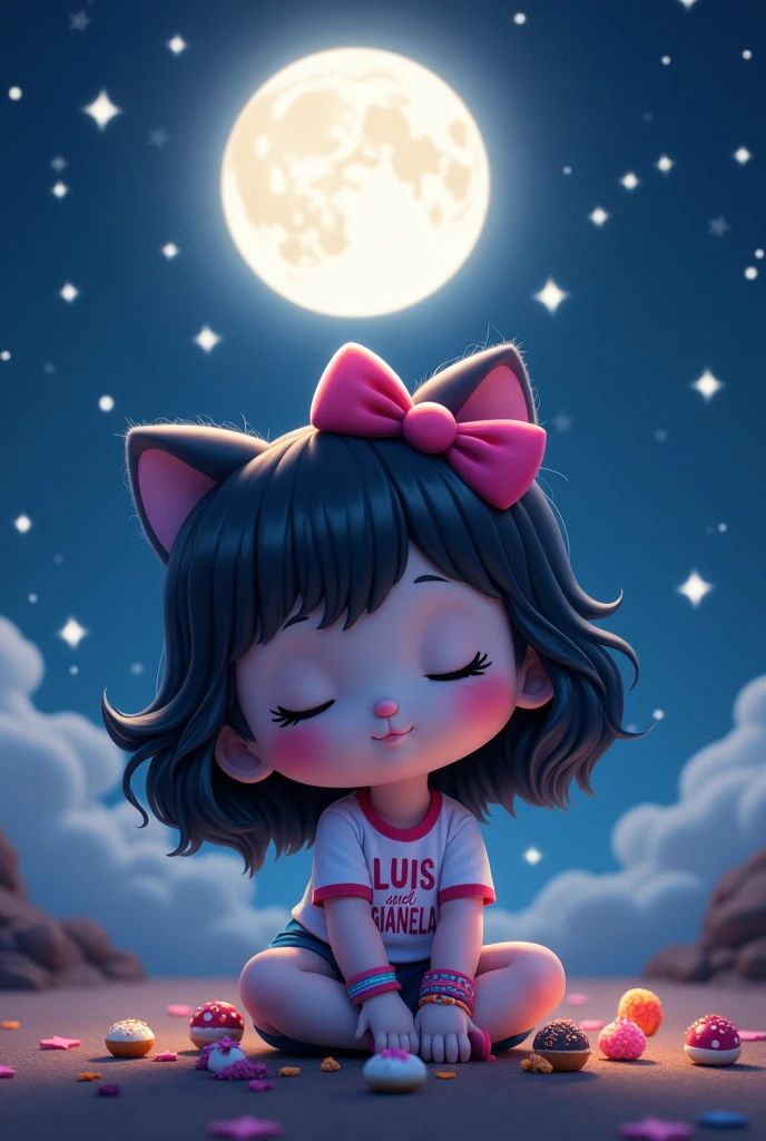 Hello Kitty with half-wavy black hair up to her neck, she has a pink bow, she has a shirt that says Luis and Gianela, sitting watching the full moon, she has shorts and bracelets, and a heart-shaped necklace. and has sweets next to it