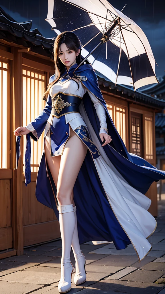 South korea assassin women mystery hooded on with modern royal Blue coat with long and wide sleeves with buttons and royal Blue cape and very high white heel over the knee and white gloves, As she reveals a small secret hidden blade coming from his palm , adding to the character's mysterious and agile appearance, with small movements of air on the cape, jump from roof to roof, in summer at night under the rain,medieval south korea house. sophisticated and highly detailed, ultra hd, realistic, hyper detailed, enhanced colours, ultra sharp focus, with vibrant, rich in details High quality, gorgeous, captivating, 8k, super detailed, stunning shadows, detailed lines, ready to make a murder
