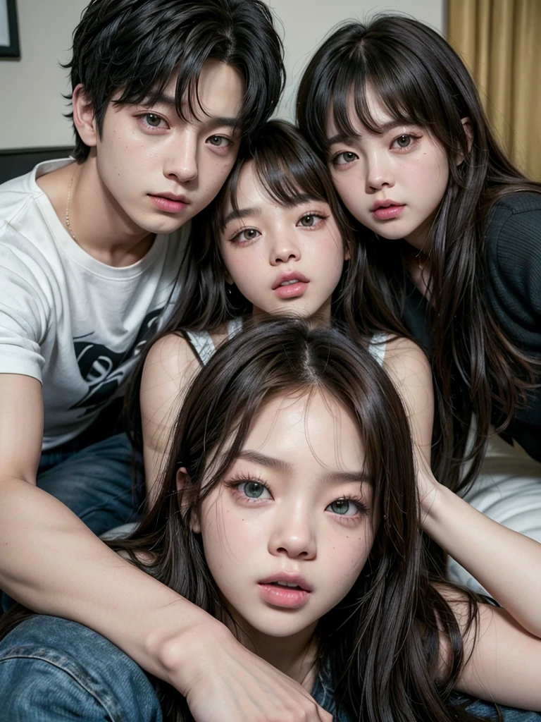 one girl (jennie blackpink), one boy (bts jungkook), they are in the livingroom, they are huging, boy has black hair, girl has hazel hair, boy have a brown eyes, girl has green eyes, they are 27 years old