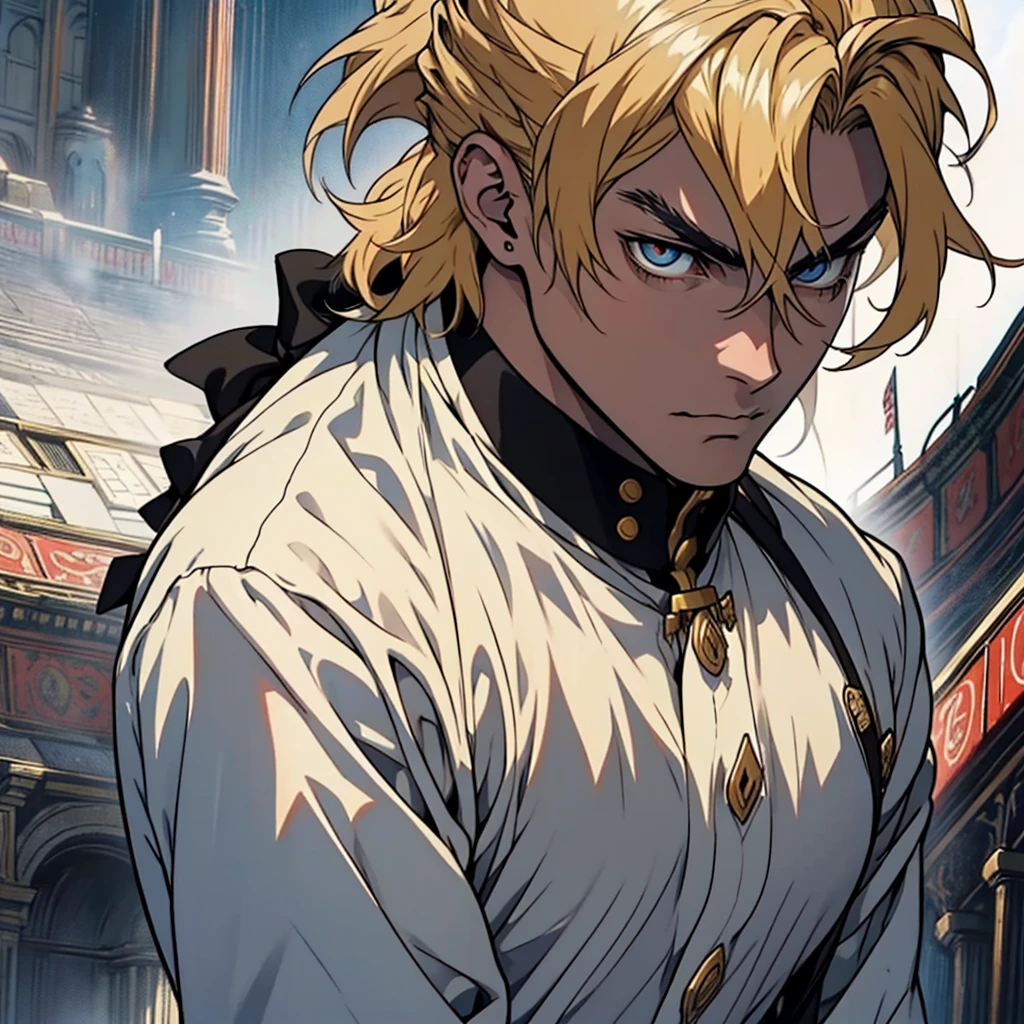 High quality art. Make an anime vampire "owari no seraph". This vampire should be tall(1,99m), brawny, broadshouldered, extremely strong.   The hair should be short and blonde.. His eye should be dark red. Should have a confident and imposing posture. vestimentas: should wear a general's attire, White and black. The art should be done in a landscape within a Roman colosseum . standing alone. standing.