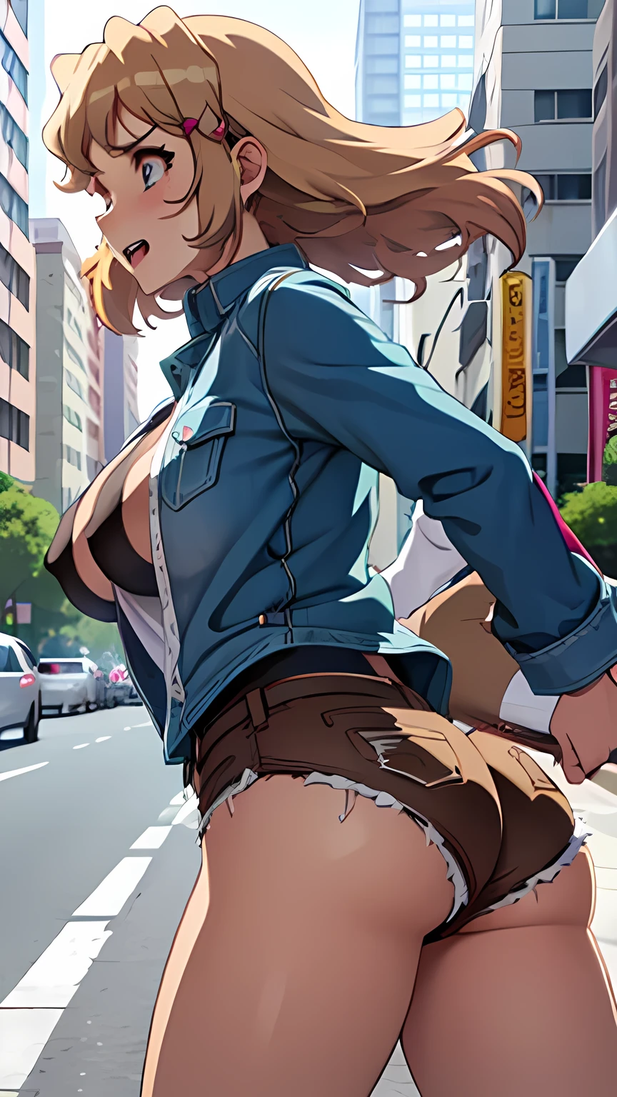 NFSW, Tabletop, Highest quality, High resolution, woman, , City Street, sunlight, blue sky, whole body, detailed aspects, DetailedWoman, See the details in action, finger details, Leg Details, Large Breasts, BIG ASS, [Pink camisole], Very short denim hot pants, bionde, Erect nipples, Dressed, Sweat, Speak your heart., Excited face, walk, Obscene, blush