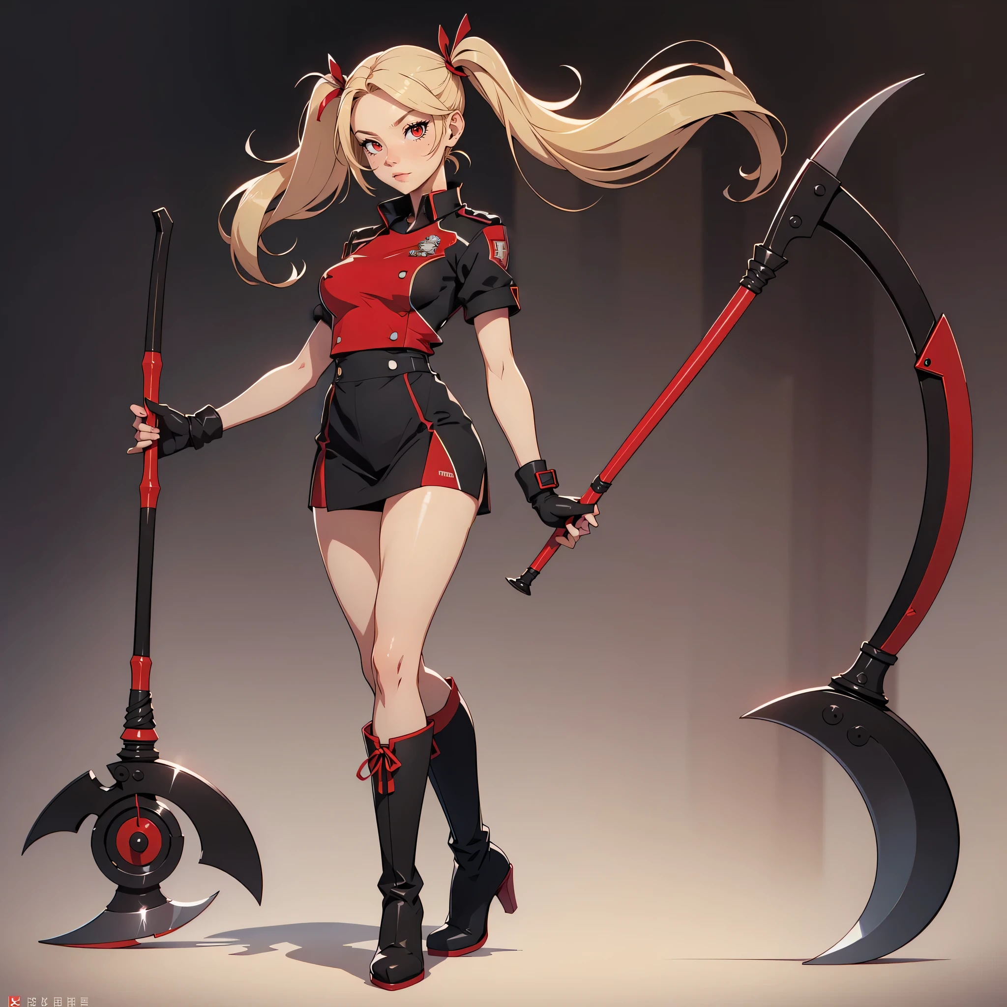 Very detailed, neutral facial expression, figure, full body view, small breasts, blonde hair with twintails, red eyes, looking at viewer, black and red uniform, skirt, black boots, holding scythe with 1 arm high, sexy pose.