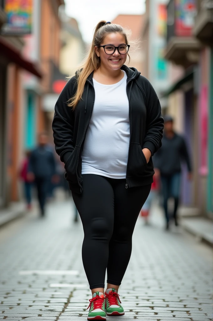 Chubby Caucasian 29 year old girl, ponytail, round face with button note, wearing big glasses, black hoodie and white long tshirt inside that reaches the hips,has big hips, black leggings and red and green sneakers full body ew