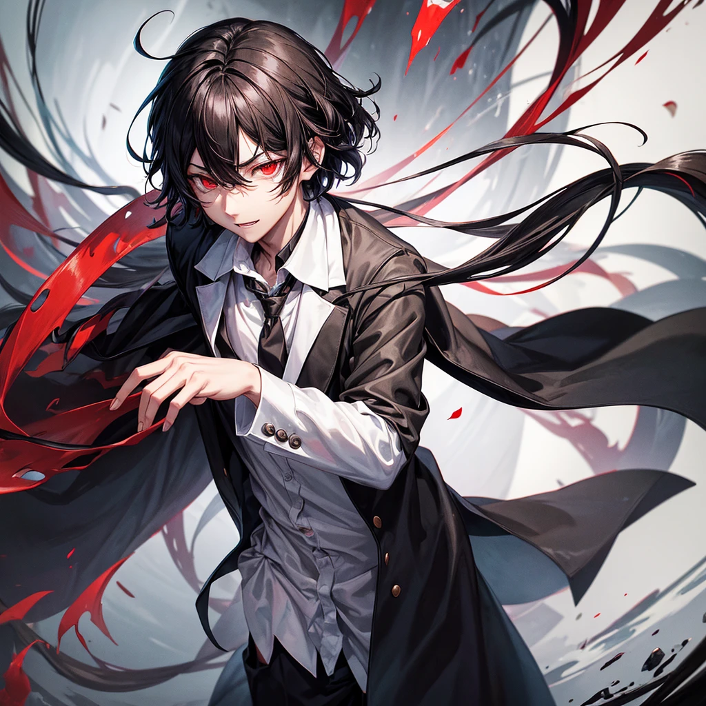 logo for a horror channel I'm creating, will be a character in it
*charachter:**
- **styled:** アニメ, Inspired by Osamu Dazai's style *Bungo Stray Dogs*, but with subtle differences to maintain originality.
- **muka:** The character has a thin and expressive face, with a long smile that reveals sharp, scary teeth. The eyes are intense, with a penetrating gaze that complements the smile, giving a sense of mystery and danger.
- **badass clothing:** The character wears a brown shirt underneath a black overcoat.. The coat is long, flowy, and adds a dramatic touch to the image.
- **body hair:** Hair can be short or medium, a little messy, but maintaining a stylized and dark appearance, with a color that contrasts or complements the overall tone of the image, practically almost the same as Osamu Dazai from Bungo Stray Dogs
**fund:**
- **Farbe:** blackw, sem muitos detalhes, so that the focus remains on the character. There may be shadows or slight variations of gray to add depth.. If possible put red eyes looking in the background
**Position:**
- The character is placed centrally, with the face taking up a good part of the image. Expression and design attract attention, creating a strong focal point for the channel cover.