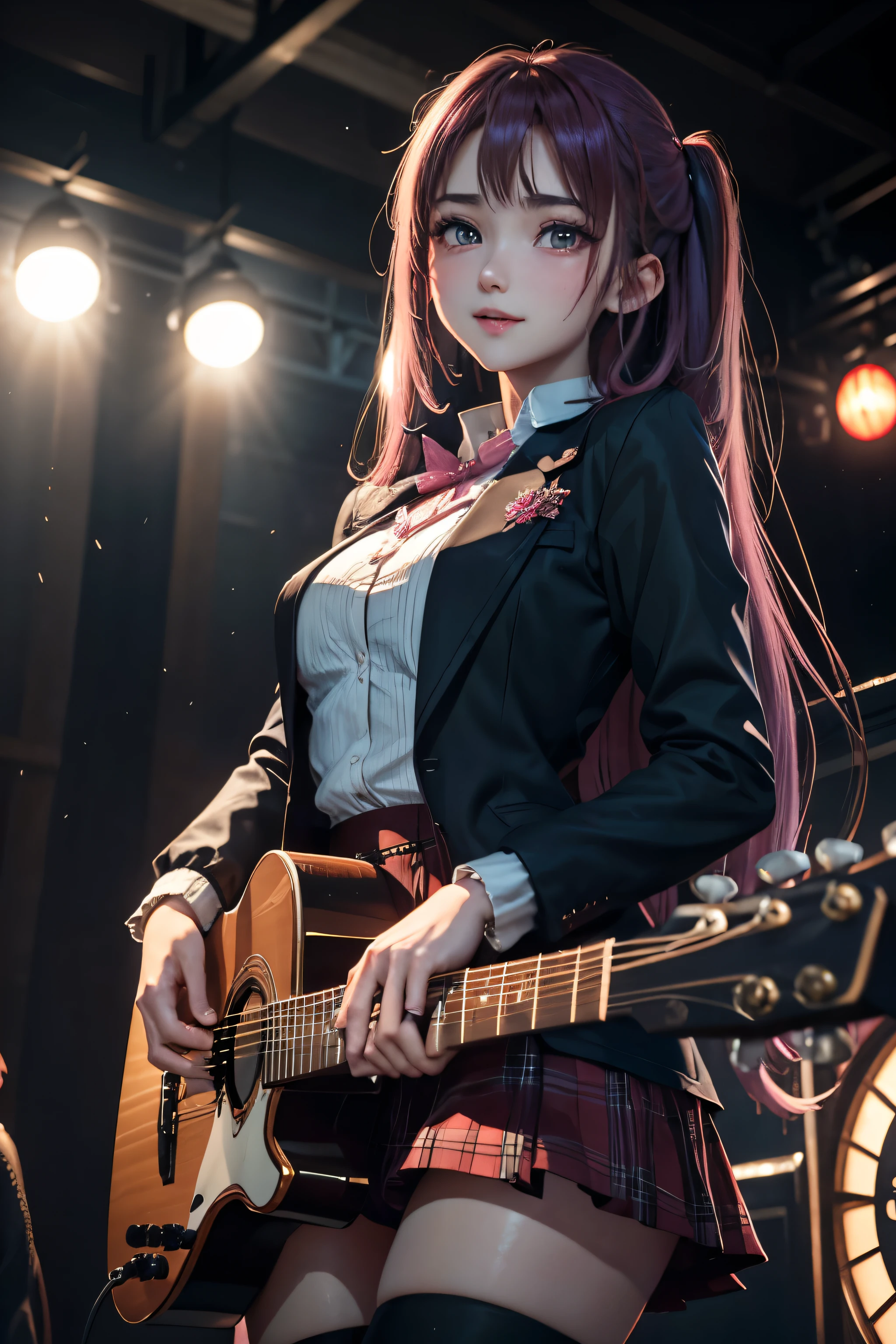 High school girl blazer、uniform、Red checked knee-length skirt、Long skirt、JK Style、Jacket、smile、Knee-high socks、Thigh-high socks、pantyhose、Extremely beautiful、Super cute、ennui、Rare Beauty、Twin tail hair、Dark black eyeshadow、sad、Skin radiance、Long Hair Straightener、Dark Gothic Makeup、Dark Smile、Fragrant beauty、Stained glass background、masterpiece、Highest quality、See 5 books、Sweat glistening on my chest、Sweat glistening on the face、Small breasts、Dark pink hair、22 years old、Slightly slim、Mysterious look、Sad look、Pink Hair、Mysterious Gothic Church、enchanting castle、Excessive sweating all over the body、Sweat dripping down thighs, shining in the light、Shiny thighs、Thighs、Sweat on thighs, shining brightly、sweat profusely、gal、Small breasts、Japanese face、Captivating look、Thin Thighs、play the guitar、I have a guitar、Enthusiastic singing、play the guitar in a band、Playing guitar chords、Background of the live music venue、Sing a song、Open your mouth、Scenery of a live music venue、Mike stand、Glamorous live stage、Dynamic Angles、Vivid straight long hair、