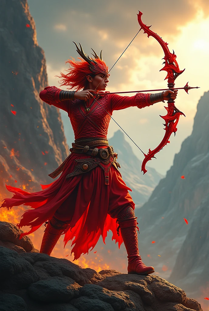 human archer wearing red dragon clothes and bow, Company logo written Nobzinha highlighted in the back