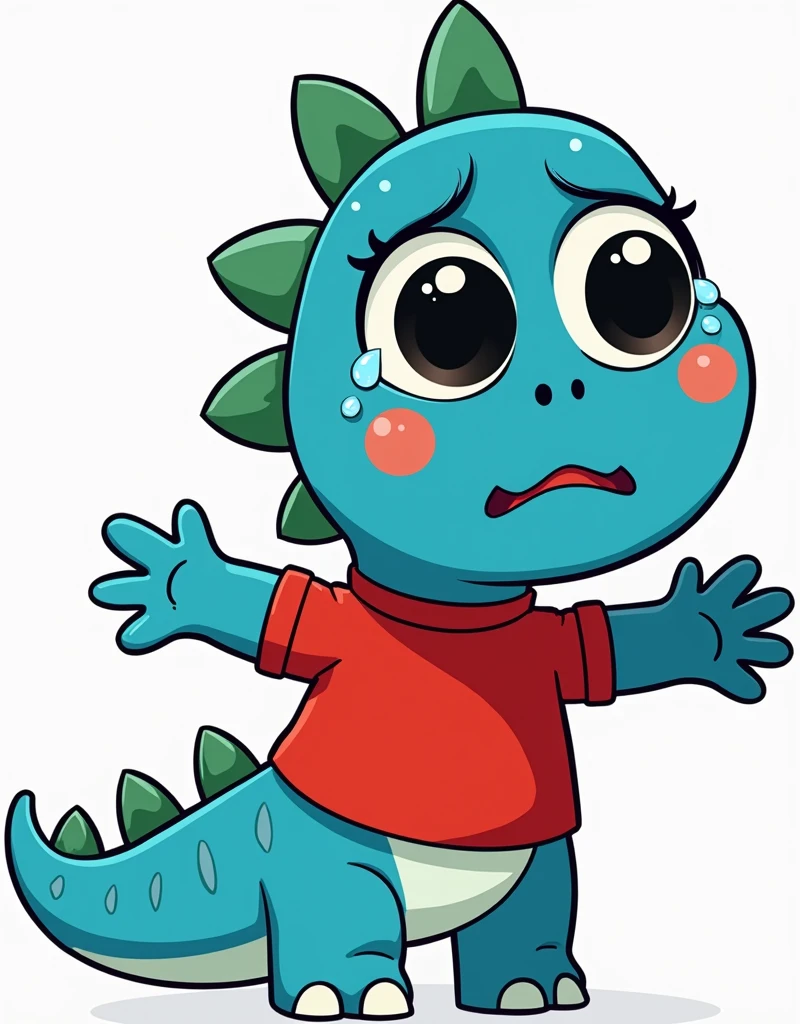 An illustration for children of a dinosaur, with the appearance of an , Way sadness crying, with tears in the eyes, no eyelashes, with red shirt, trouserless, blue skin, green dinosaur crests on the head and tail, sad smile, full body, with an appearance of tenderness, White background