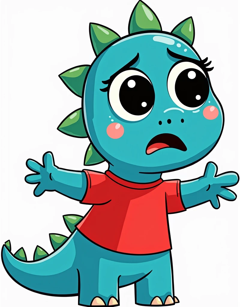 An illustration for children of a dinosaur, with the appearance of an , Way sadness crying, with tears in the eyes, no eyelashes, with red shirt, trouserless, blue skin, green dinosaur crests on the head and tail, sad smile, full body, with an appearance of tenderness, White background