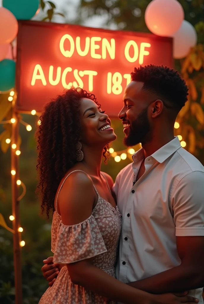 A beautiful Black girl celebrating her birthday with her male lover next to a sign that reads RAÏSSA QUEEN OF AUGUST 18th