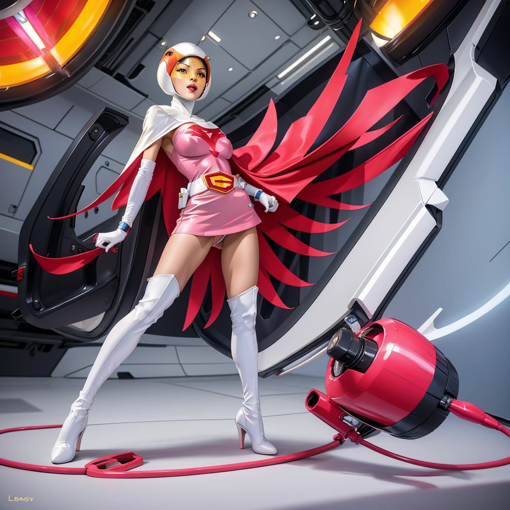 ANI_CLASSIC_jun_gatchaman_ownwaifu,1girl, ****,good anatomy, masterpiece, best quality, realistic, hyper realistic, 16k hdr, breasts, large breasts, lipstick, makeup, gloves, cape, helmet, belt, elbow gloves, white gloves, mask, ultra miniskirt, leotard, spacesuit, white tight overknee highheel boots, pink dress, superhero, bodysuit, cleavage, erected nipples,(sexy pose, from below:1.2),(spread legs:1.1),cameltoe