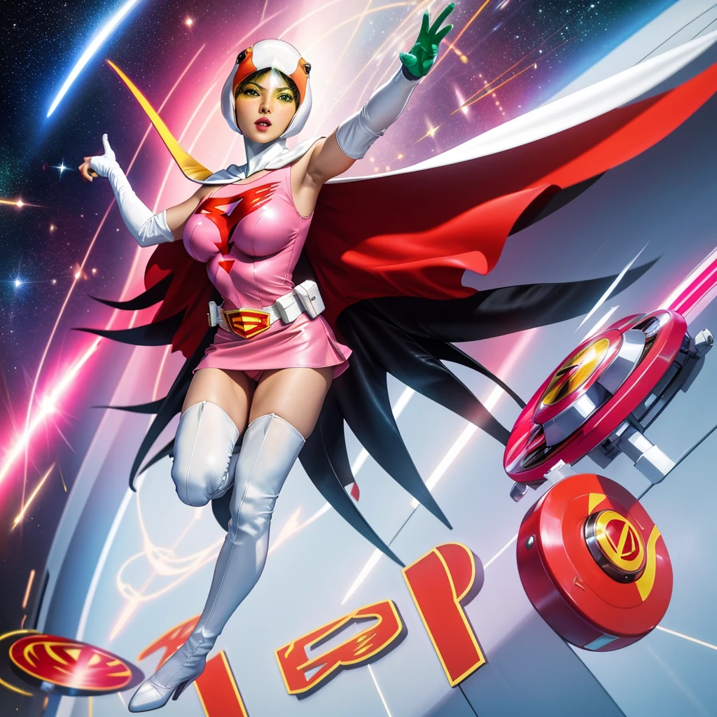 ANI_CLASSIC_jun_gatchaman_ownwaifu,1girl, ,good anatomy, masterpiece, best quality,realistic, hyperrealistic, 16k hdr,breasts,greelips,large breasts,lipstick,maoves,cape,helmet,belt,elbow gloves,white gloves,mask,ultra miniskirt,leotard,spacesuit,white tight overknee highheels boots,pink dress,superhero,bodysuit,cleavage,erected nipples,( poses)),toe