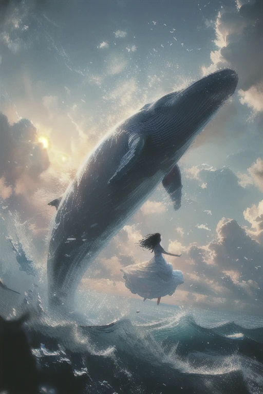 Xue'er, the big whale, 1 girl, cloud, sky空, alone, outdoor, skirt, water, ocean, long hair, wave, landscape, white skirt, Keep, sky, cloudy sky空, black hair, Permanent
