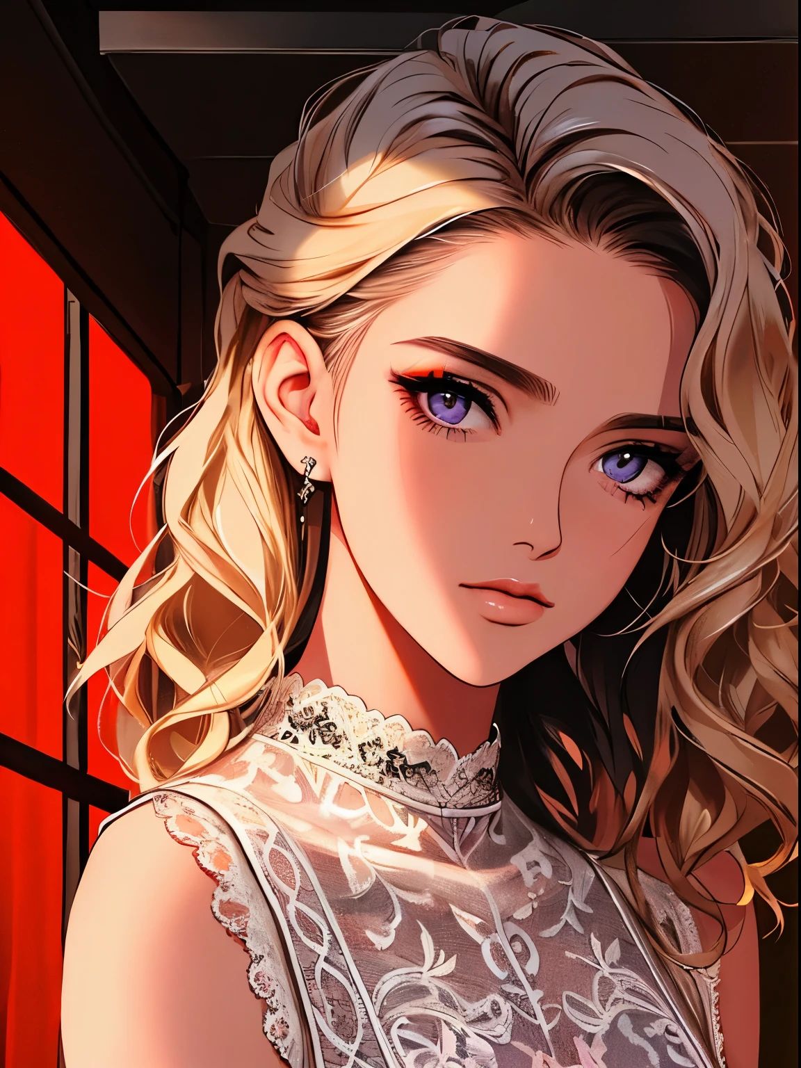 A portrait of a blonde, (make up:1.4), amazing body, (shapely body:1.2), lace clothing, highly detailed skin, natural skin texture, textures 4k, detailed tummy, Highly detailed perfect smooth skin, clear room, intrikate, ultra-realistic, Out there, (HDR:1.3), ultra HD, (intrikate Detail, 超detailded:1.1), cinematic, Photoreal, (dark shot:1.2), Dramatic, hight contrast, (warm color:1.1) , subdued colors, work of art, chic, sharp focus, Sweatpants, purples eyes, ((big hair)), long hair, charming