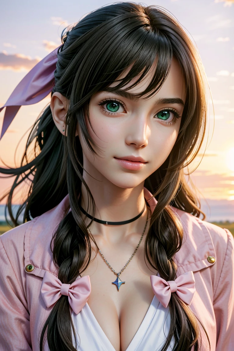 (masterpiece, 最high quality)
Aeris FF7, 1 girl, alone, long hair, bangs, brown hair, dress, bow, ribbon, jewelry, closed mouth, green eyes, red jacket, hair ピンクribbon, Upper body, Braid, hair bow, side lock, choker, necklace, lips, parted bangs, pink bow, portrait, ピンクdress, photorealistic,Super high quality,high quality,masterpiece,digital single lens reflex,detailed details,elaborate details,based on anatomical basis,depicted in detail,detailed face,realistic skin texture,vivid details,perfect anatomy,perfect anatomy,anatomically correct hand,anatomically correct fingers,super detail,complex 3d rendering,huge ,sexy pose,The beautiful world of Final Fantasy 7,The morning sun is beautiful,Fantastic blue sky,beautiful tulip field,mysterious tulip field,beauty like a painting,Take a full body photo,9 heads and bodies,pink lip,emphasize the beautiful whole body,beautiful nails,A sloppy smile,