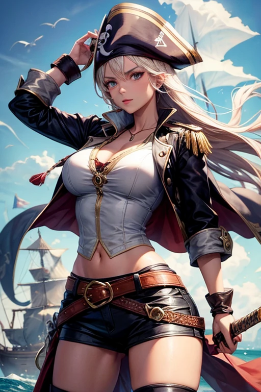 young girl, caribean pirate captain, black skin, white hair, evil look, ripped clothes,combat stance, wielding a sword, long pirate coat, pirate hat, highly detailed, vibrant appearance, creative behavior, extremly detailed, imaginative, sensual, spontaneous, highest quality, skin texture, intricate details, (cinematic lighting), RAW photo, 8k, masterpiece,best quality,ultra-detailed,very detailed illustrations,extremely detailed,intricate details,highres,super complex details,extremely detailed 8k cg wallpaper,