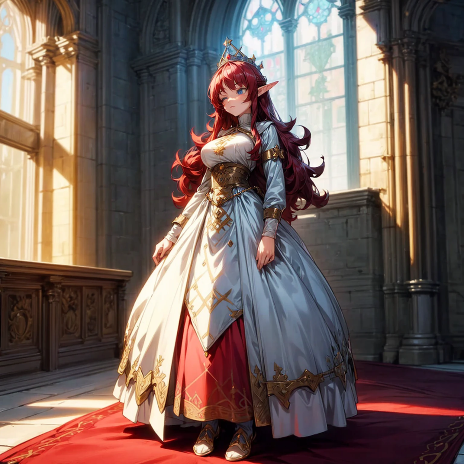 Solo character, full body version, old girl, (elf), blue eyes, red color hair, long Curly haircut, His hair covered his eyes, dress princess outfit, white color dress, indoor, Castle, medieval, detailed background, detailed clothing, detailed hair, standing gesture, (Hunter x Hunter style art), big breast, diamond crown