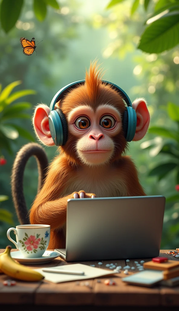 Wild monkey playing with the computer having tea with headphones