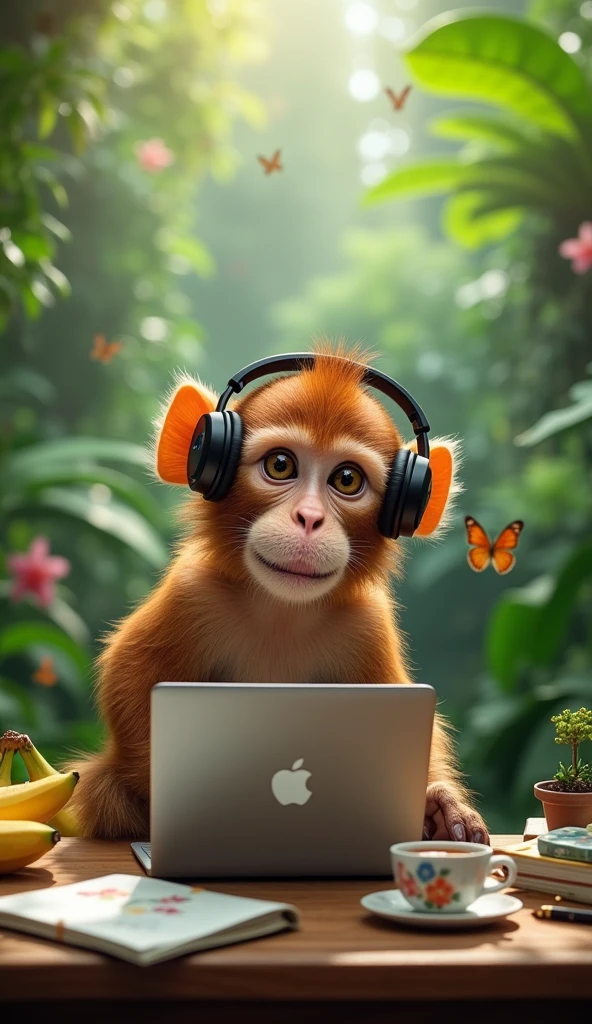 Wild monkey playing with the computer having tea with headphones