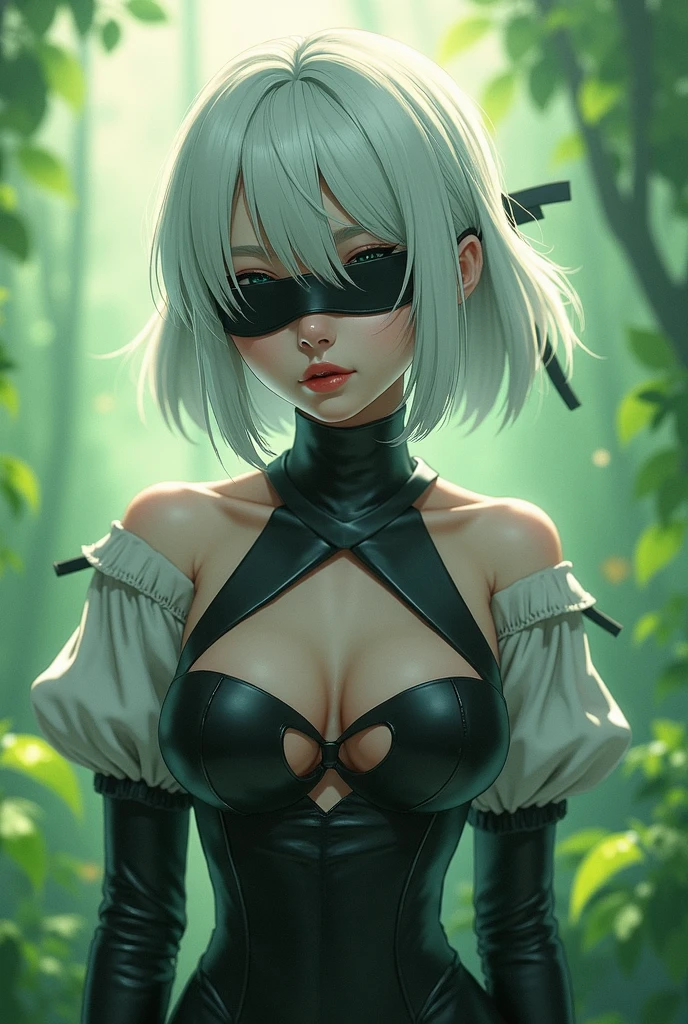 yorha no. 2 type b, 1girl, wlop, (blindfold), breasts, cleavage, cleavage cutout, clothing cutout, green background, hair between eyes, hairband, highres, juliet sleeves, long sleeves, nier (series), nier automata, puffy sleeves, red lips, shaded face, short hair, solo, turtleneck, upper body, white hair, sky