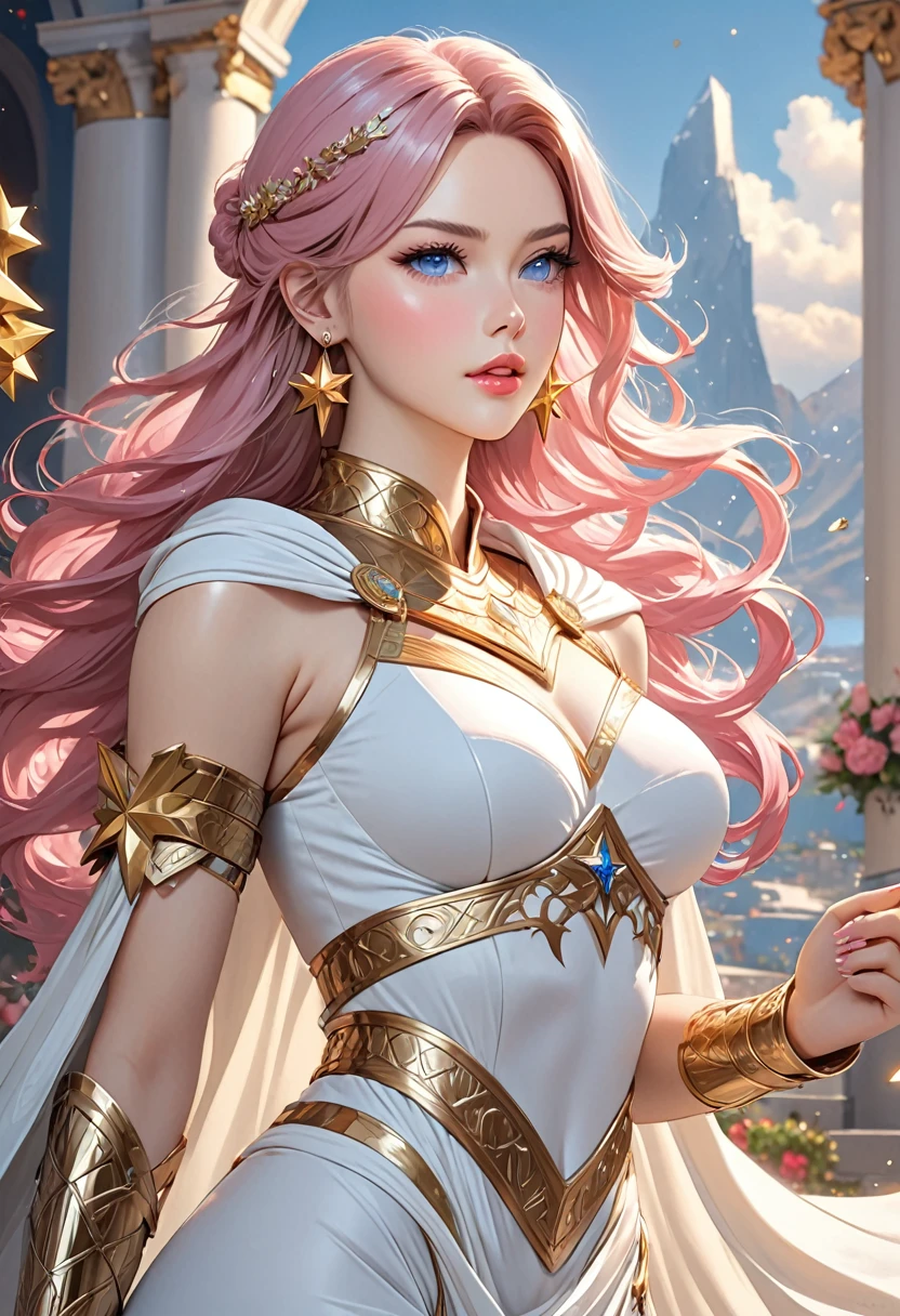 ((best quality)), ((artwork)), ((extremely detailed face)), ((perfect lighting)), ((extremely detailed CG)), ((perfect hands, perfect anatomy)), Appearance= Tall, slender, voluptuous figure, large bust, narrow waist, curvaceous butt, pale skin, youthful, ravishingly beautiful, refined features, high forehead, full lips; sapphire eyes; very long, flowing pink hair
Personality= Selfish, pompous, spoiled
Occupation= Dawnstar, Princess Starfall
Reputation= The most beautiful woman in the world]

[Clothing= Cape, sleeveless white dress greek style, gauntlet, plate armor, ring, a pair of large golden star earrings, spear of asgard]