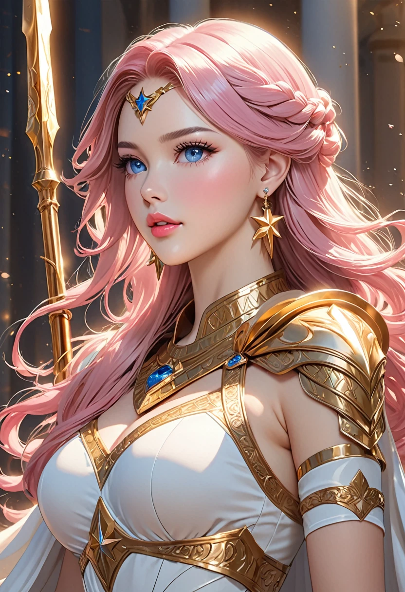 ((best quality)), ((artwork)), ((extremely detailed face)), ((perfect lighting)), ((extremely detailed CG)), ((perfect hands, perfect anatomy)), Appearance= Tall, slender, voluptuous figure, large bust, narrow waist, curvaceous butt, pale skin, youthful, ravishingly beautiful, refined features, high forehead, full lips; sapphire eyes; very long, flowing pink hair
Personality= Selfish, pompous, spoiled
Occupation= Dawnstar, Princess Starfall
Reputation= The most beautiful woman in the world]

[Clothing= Cape, sleeveless white dress greek style, gauntlet, plate armor, ring, a pair of large golden star earrings, spear of asgard]