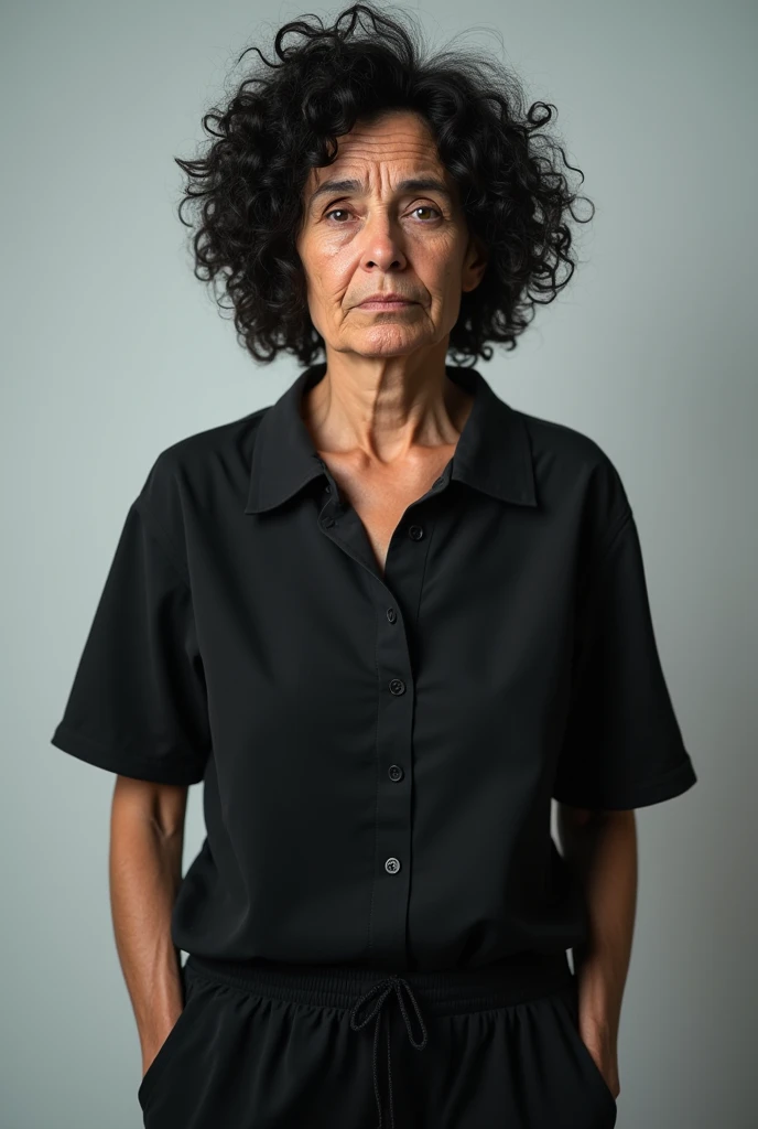 middle aged female patient, black curly hair, wrinkles on face, looks miserable due to overuse of medicine, black blouse, black jogging pants, tired emotion, standing, focus on face and upper torso, (((transparent background)))