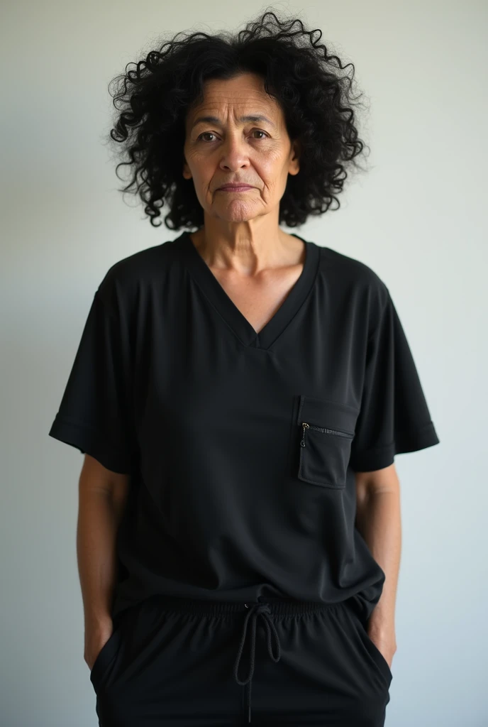 middle aged female patient, black curly hair, wrinkles on face, looks miserable due to overuse of medicine, black blouse, black jogging pants, tired emotion, standing, focus on face and upper torso, (((transparent background)))
