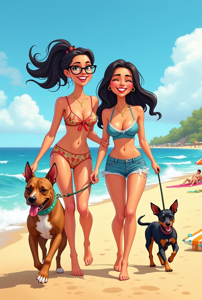 Create a cartoon illustration of two wives with their two dogs playing on the beach. The characteristics of wives are: One with wavy hair and wearing glasses and the other with straight black hair without glasses.. Dogs have characteristics: one is a medium-sized caramel-colored Pitbull and the other is a small black-haired Pinscher 