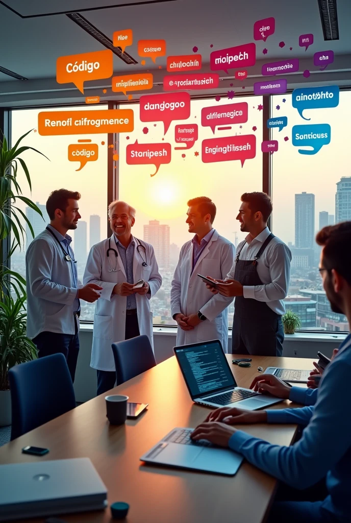 A group of people in a work environment (Like doctors, programmers or mechanics) talking to each other, with text bubbles that display technical or colloquial words in Spanish