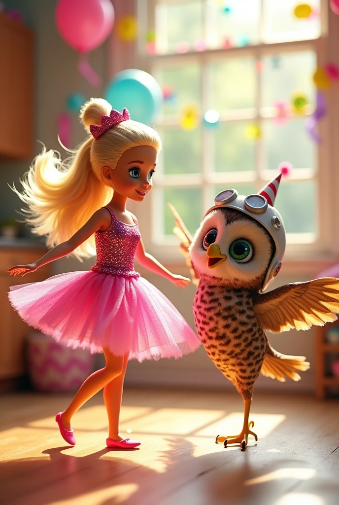 a Barbie dancing with an owl dressed as an engineer wearing a white helmet