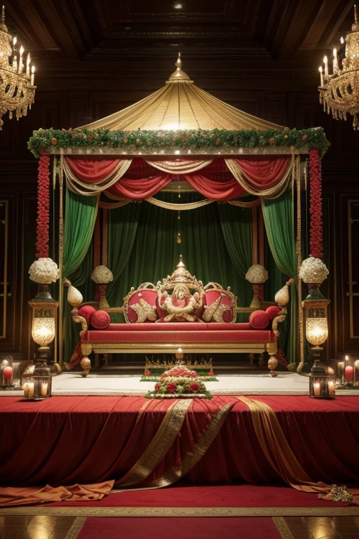 create a decoration for an indian event at the taj mahal palace in celebration of lord ganesh in red colors, golden and green like a realistic luxurious Indian gala event