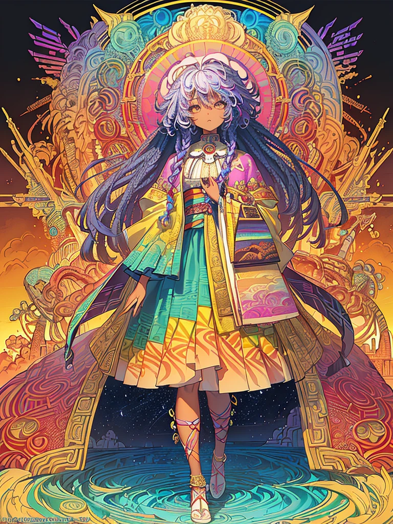 (masterpiece、top-quality、top-quality、afrocentricpaiting(afro)、african-american completion Official Art、Beautifully Aesthetic dark skin:1.2)、(1girl in:1.3)、(Fractal art:1.3)、full body、looking at the viewers、patterns、(rainbow-colored hair、colourful hair、african ink、clouds、starrysky、stele、Rough kanji、