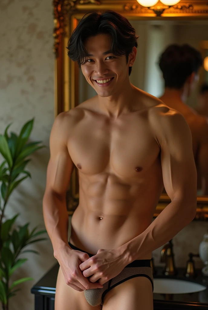 Asian guy, Vietnamese, naked, tiny underwear, butt cheeks, hands kneading crotch, standing in the mirror, smiling at the mirror, big penis , Muscular and well-proportioned, Seductive eyes
