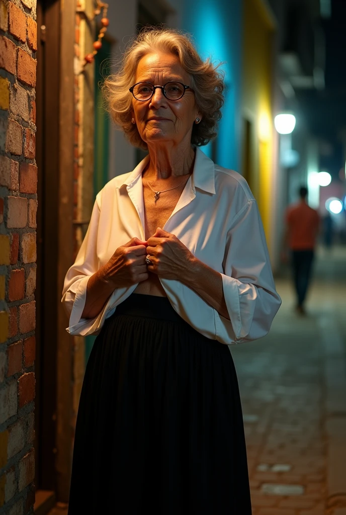 A 65-year-old woman wearing glasses, skinny weighing 45 kilos distributed in a body with 170 centimeters tall, with small, sagging breasts, wide hip, thick legs and thighs. She has an expressive face with lines of time from age, small mouth, brown eyes with a serene and suffering look, light brown eyes and wavy hair. She is wearing a long black skirt and has both hands holding a totally open white social shirt totally exposing her beautiful totally naked breasts, and is leaning against a wall in an alley in a Brazilian favela at night.