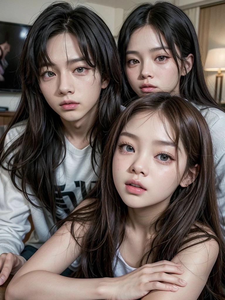 one girl (jennie blackpink), one boy (bts jungkook), they are in the livingroom, they are huging, boy has black hair, girl has hazel hair, boy have a brown eyes, girl has green eyes, they are 30 years old,
they are just two people