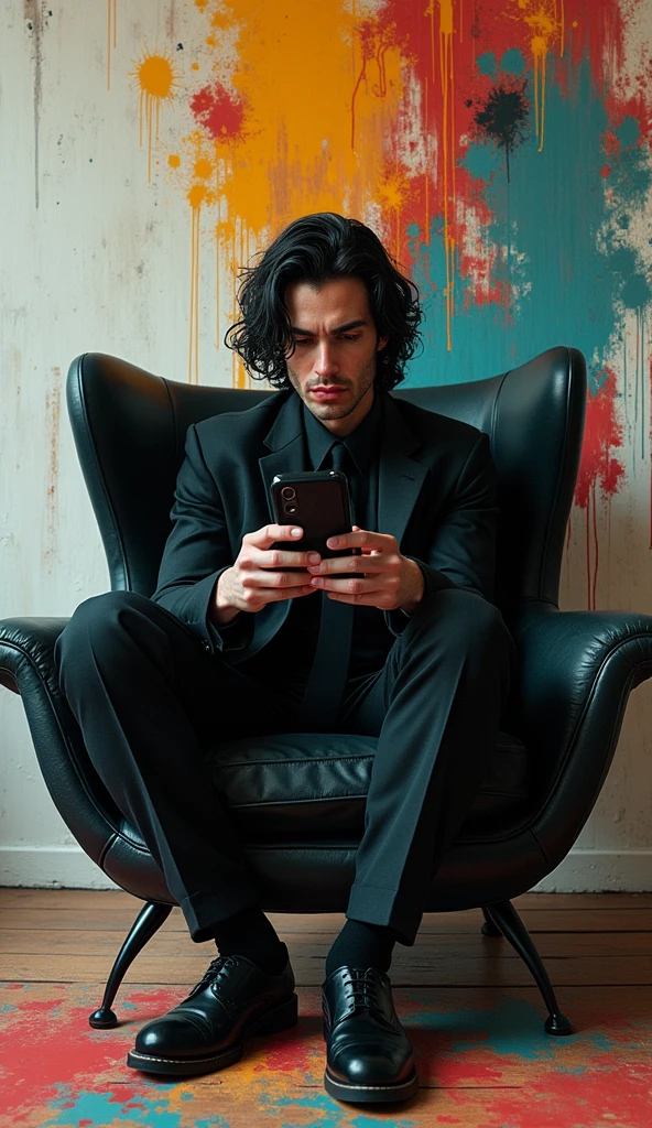 1 men, sitting not sofa, holding cell phone, Bblack hair, eyes black, Red lips, black costume, DOUBTS, Tangles, Master Pieces, the best quality