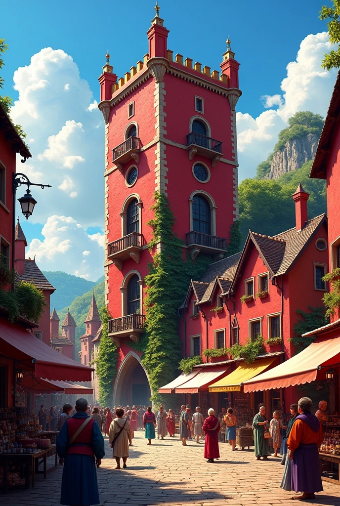 Red medieval-style building with gold decorations, 4 stories high