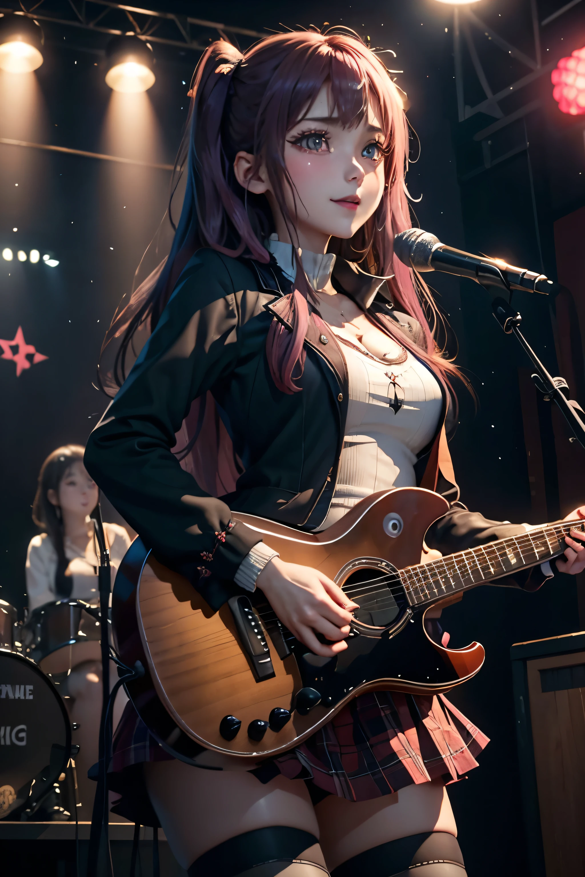High school girl blazer、uniform、Red checked knee-length skirt、Long skirt、JK Style、Jacket、smile、Knee-high socks、Thigh-high socks、pantyhose、Extremely beautiful、Super cute、ennui、Rare Beauty、Twin tail hair、Dark black eyeshadow、sad、Skin radiance、Long Hair Straightener、Dark Gothic Makeup、Dark Smile、Fragrant beauty、Stained glass background、masterpiece、Highest quality、See 5 books、Sweat glistening on my chest、Sweat glistening on the face、Small breasts、Dark pink hair、22 years old、Slightly slim、Mysterious look、Sad look、Pink Hair、Mysterious Gothic Church、enchanting castle、Excessive sweating all over the body、Sweat dripping down thighs, shining in the light、Shiny thighs、Thighs、Sweat on thighs, shining brightly、sweat profusely、gal、Small breasts、Japanese face、Captivating look、Thin Thighs、play the guitar、I have a guitar、Enthusiastic singing、play the guitar in a band、Playing guitar chords、Background of the live music venue、Sing a song、Open your mouth、Scenery of a live music venue、Mike stand、Glamorous live stage、Dynamic Angles、Vivid straight long hair、