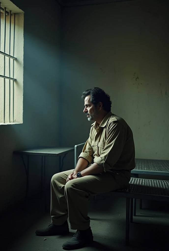 Imran Khan in a prison cell, wearing a prison uniform, looking contemplative. The cell is dimly lit with basic furnishings, including a small bed and a barred window."