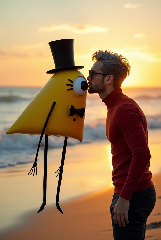 a realistic image of a floating Two-dimensional yellow triangle with a giant eye with a black iris , that eye is in the middle of his body And has eyelashes, This character does not have a mouth, but it does have two thin arms and two legs like spaghetti that are black, The triangle is wearing a long black top hat and A black bow tie under his eye. This character will be receiving a kiss on the cheek from a handsome man with gray hair, black plastic glasses, a kind of red turtleneck, and dark pants. The background will be a sunset on the beach. The main characters will be centered in the image very close to the camera.