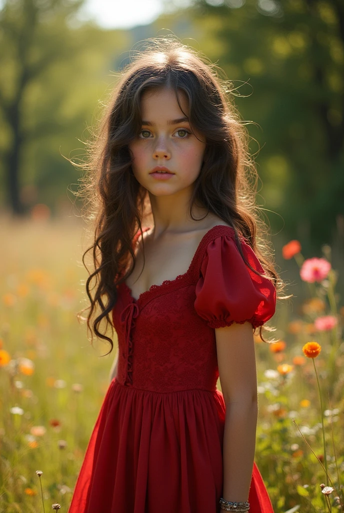 girl from , dark brown hair, dark eyes and a red vintage dress,