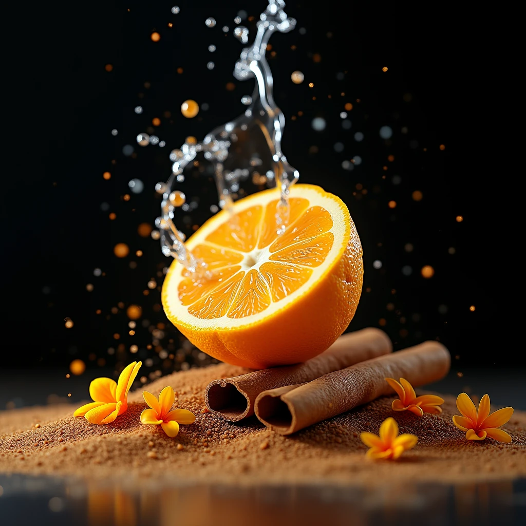 Water , with bergamot split in half in the air and cinnamon with sand ,
in a dark environment, with jasmine and patchouli flowers