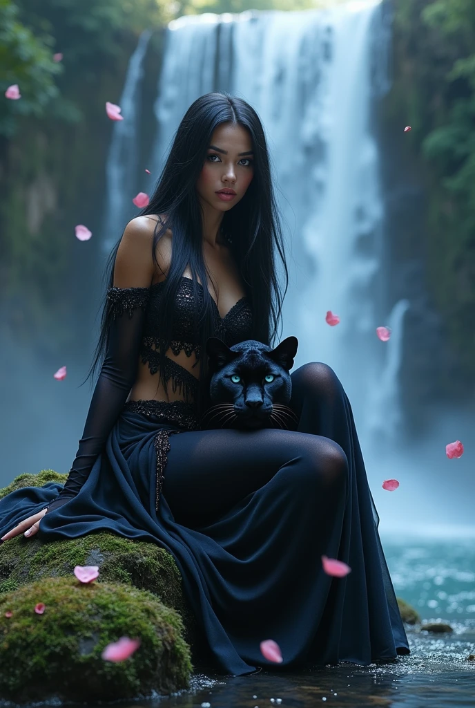 a beautiful woman with long, straight, jet-black hair, intense blue eyes, Sitting on a stone with a beautiful waterfall in the background. Rose petals fall, She's with a black panther with blue eyes. She wears a diamond crown, with mist and white glow. profile picture. animated digital art