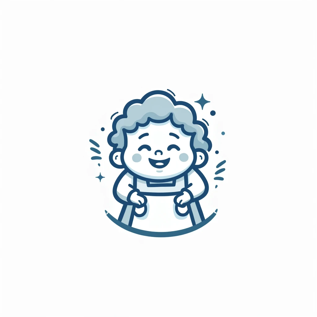 A simple logo of a very chubby and kind asian grandma with curly blue hair wearing apron, (show only head to neck), holding chinese baos in her hand while smiling. There is blue circle around her in free form line just similar to the logo ourline. The background color should be white. logo should be minilar line weight and minimal. only motocolour blue. please make it very very simple, can be use as stamp on restaurant bag.