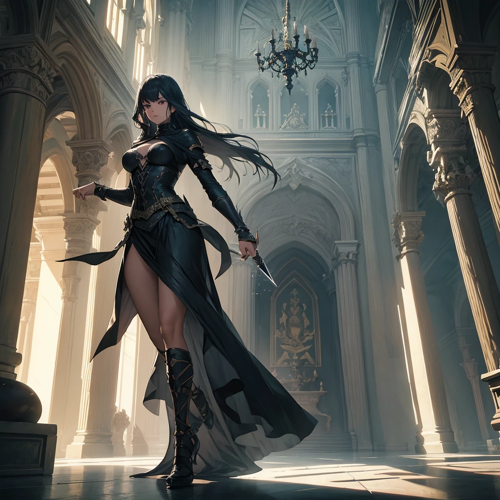 sword master,There must be a lot of ornaments on the body,luxury goods,There must be only one person in the entire picture,The entire leg must be displayed in its entirety, And must wear extra-long gloves,Stockings are mandatory,High heels must be worn,Must be a full-body image,anatomy correct,(realisticlying,tmasterpiece,The best quality,hyper HD,The is very detailed,cinmatic lighting),(delicated face,best qualtiy,very detailed eyes and faces,stunningly beautiful)