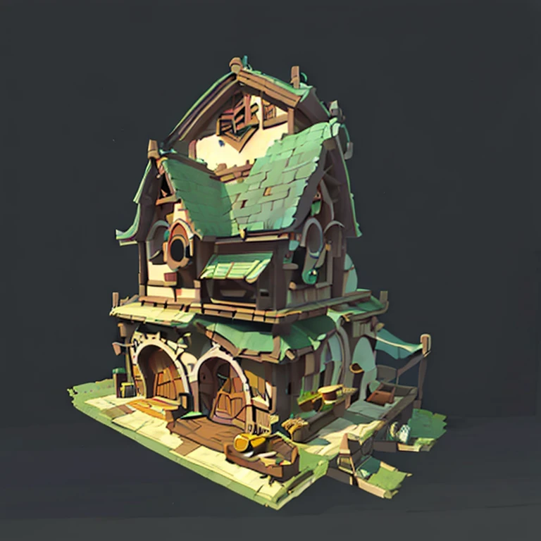 Isometric view of an old witch's house, in the style of game art style, with a purple roof and green window frames, small pumpkins around the door, cute cartoon character design, simple black background, 3D Blender render, low-poly, game asset, ArtStation